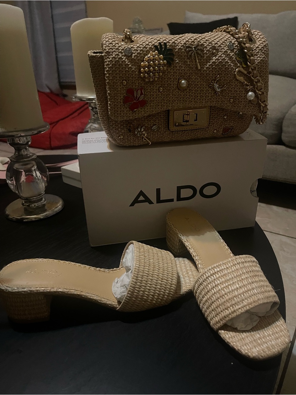 ALDO Tan Woven Block Heel Slide Sandals and Matching Shoulder/Crossbody Bag. - Picture 4 of 4